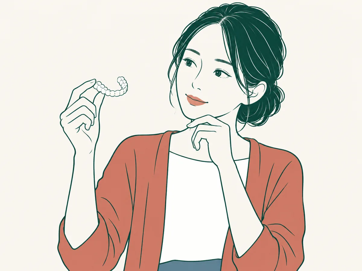 女性がマウスピース型の矯正装置を手に取って眺めているイラスト